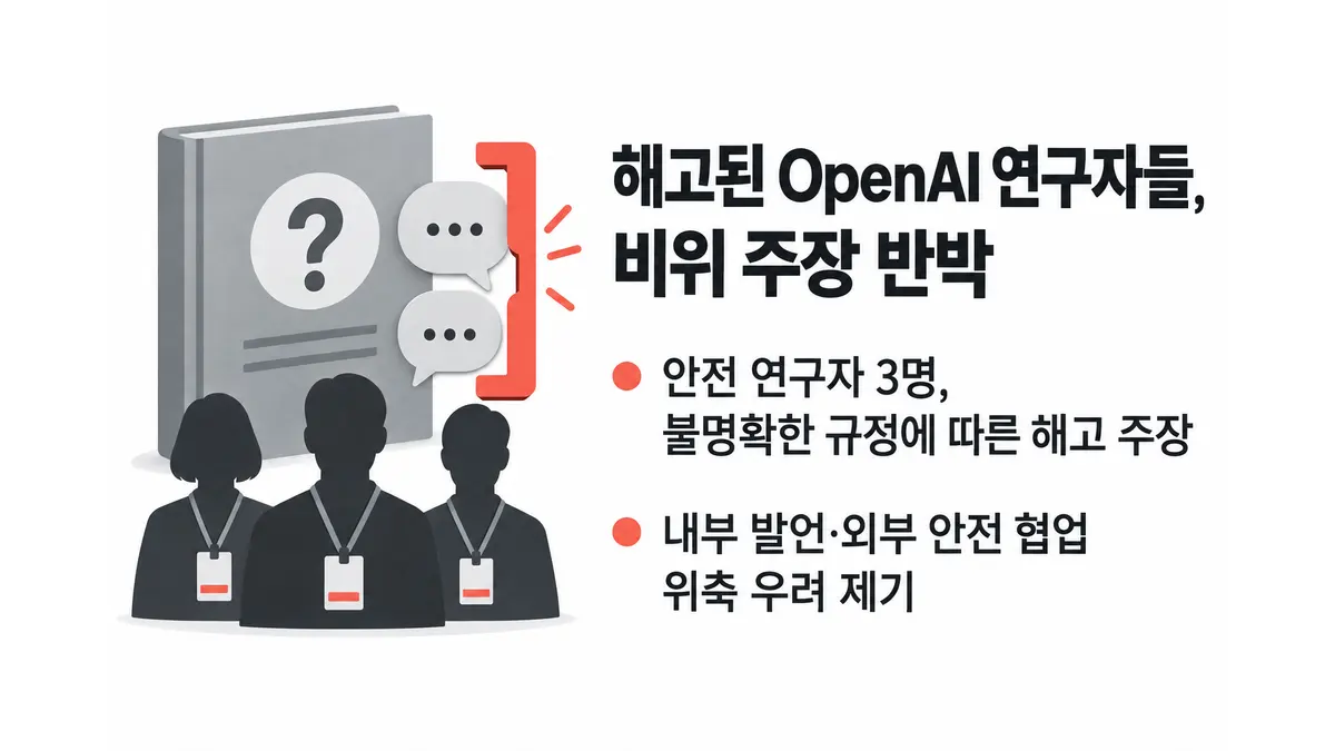 해고된 OpenAI 연구자들, 비위 주장 반박 — 기사 주제를 표현한 AI 생성 개념 삽화